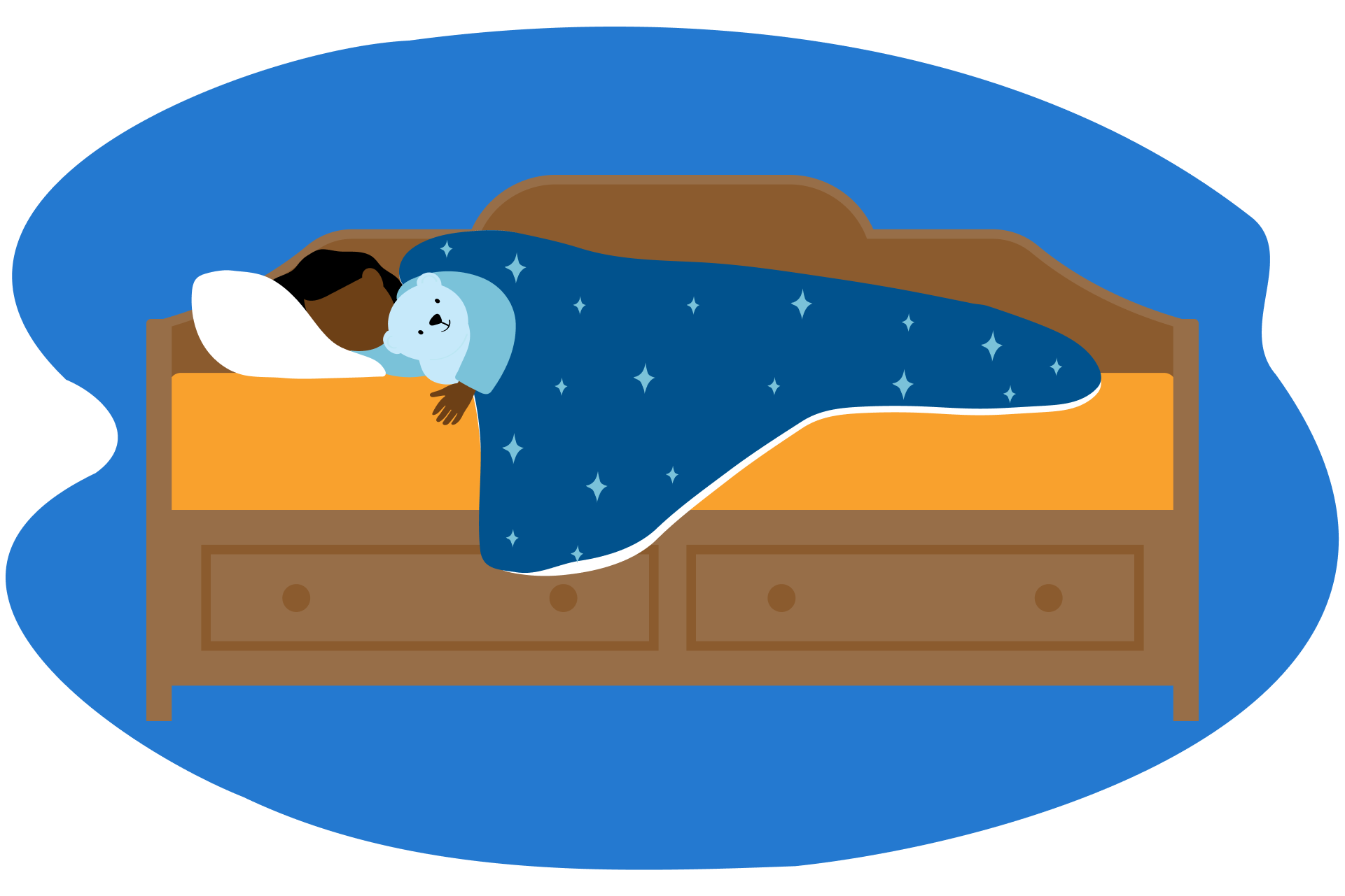 Ilustração de capa de edredom numa cama com criança a dormir